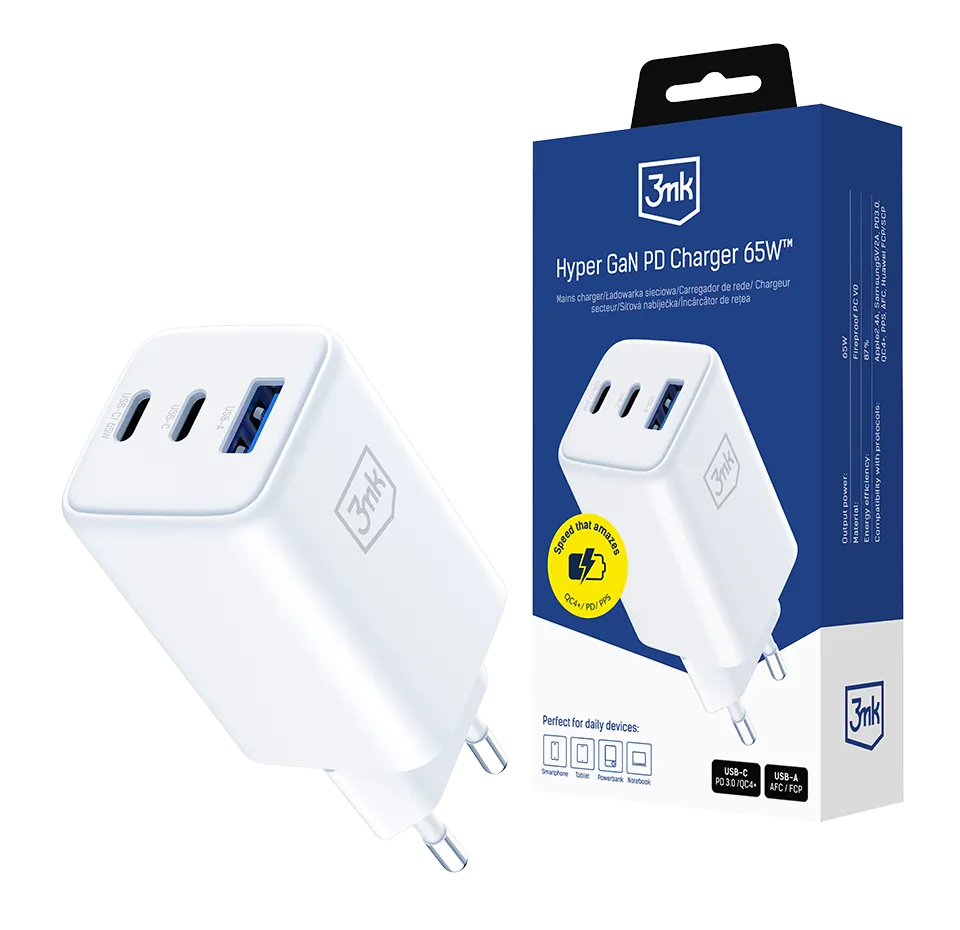 Buitinis kroviklis Hyper GaN Charger QC4+, USB-A/USB-C, 65W (3mk)