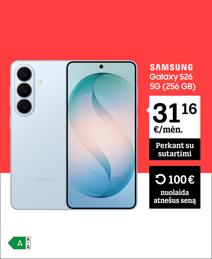Galaxy S26 nuo 31,16 € / 24 mėn. Pasiūlymas galioja perkant su sutartimi. 100 eurų nuolaida atnešus seną telefoną.