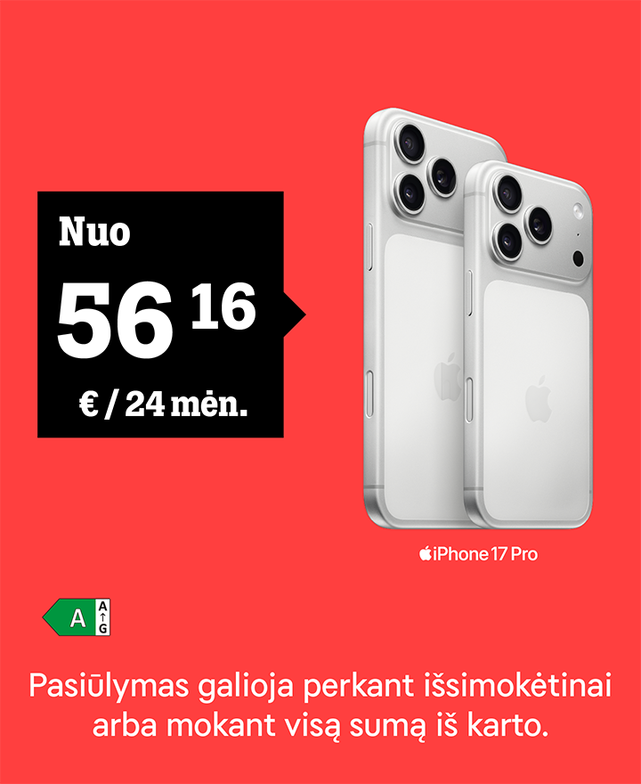 iPhone 17 Pro nuo 56,16 €/24 mėn. Nurodyta kaina galioja išsimokėtinai arba mokant visą sumą iš karto.