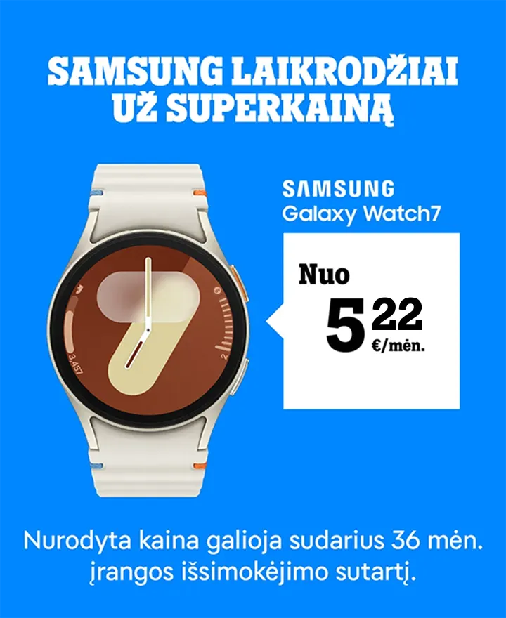 Samsung laikordžiai už superkainą. Samsung Galaxy Watch7 nuo 5,22 €/mėn. Nurodyta kaina galioja sudarius 36 mėn. įrangos išsimokėjimo sutartį.