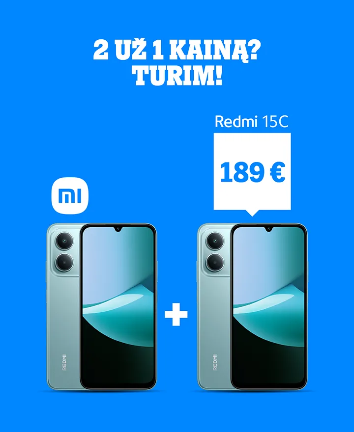 Du už vieno kainą? Turim! Du telefonai Xiaomi Redmi 15C 4G tik 189,05 €.