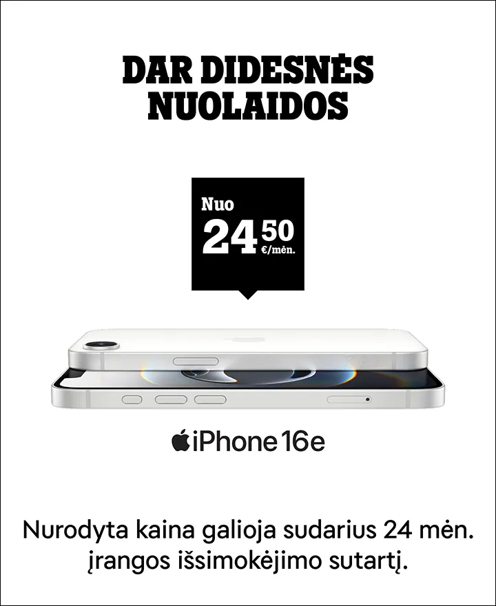 Dar didesnės nuolaidos. iPhone 16e nuo 24,50 €/mėn. Nurodyta kaina galioja sudarius 24 mėn. įrangos išsimokėjimo sutartį.