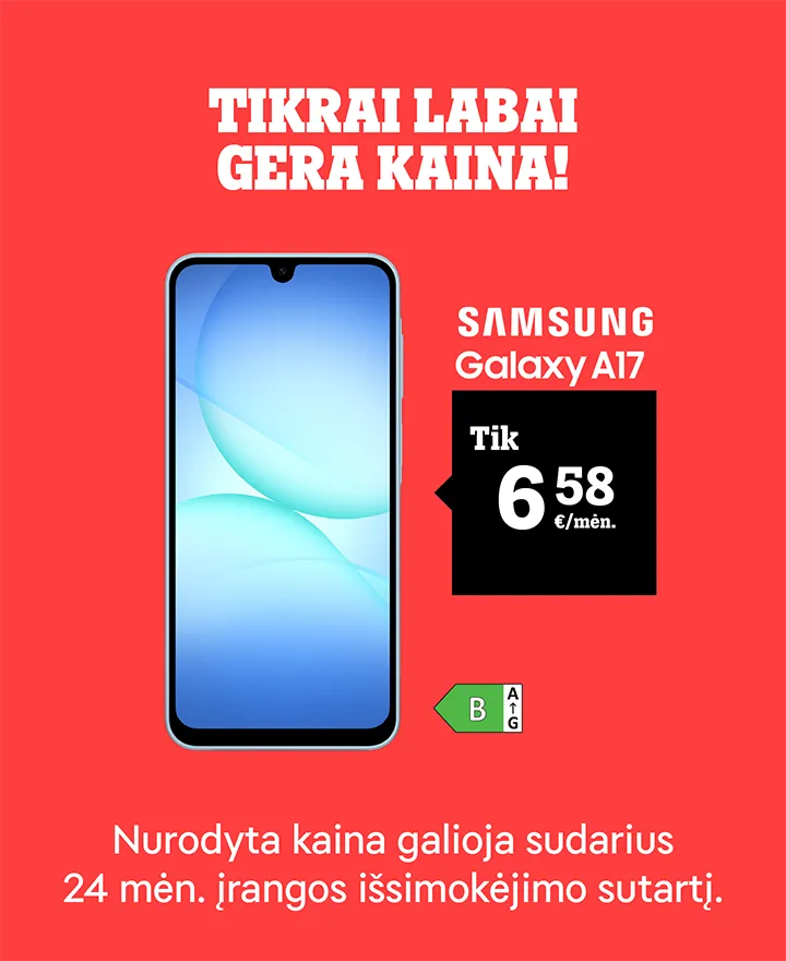 Tikrai labai gera kaina! Samsung Galaxy A17 tik 6,58 €/mėn. Nurodyta kaina galioja sudarius 24 mėn. įrangos išsimokėjimo sutartį.
