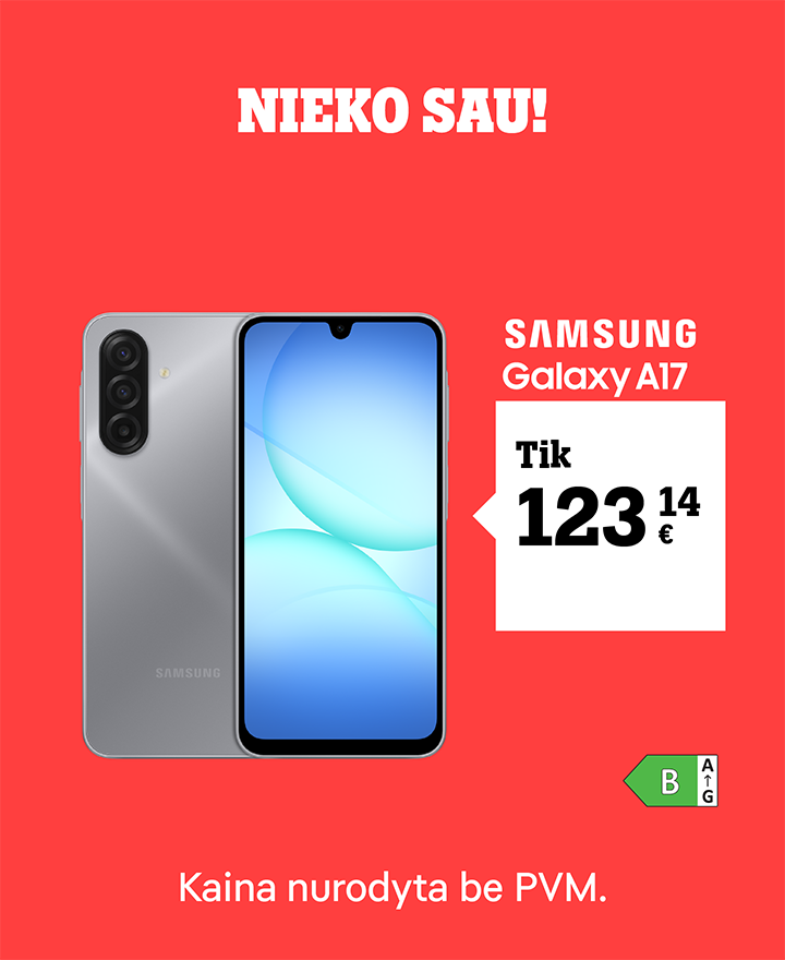 Šventiškai nuteikianti kaina! Samsung Galaxy A17 nuo 123,14 € su pokalbių planais. Kaina nurodyta be PVM.