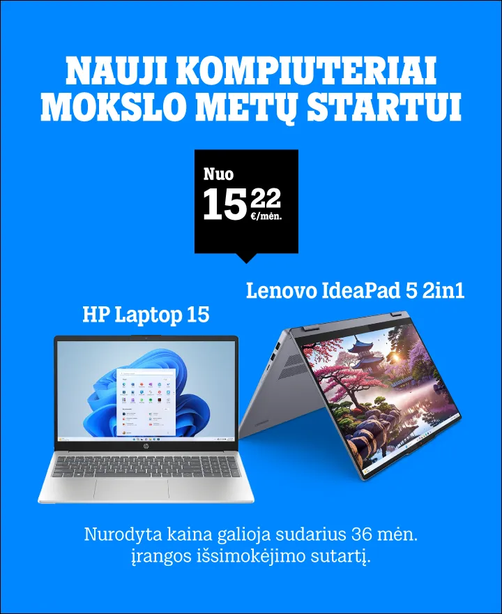 Nauji kompiuteriai mokslų metų startui nuo 15,22 eur/mėn. Nurodyta kaina galioja sudarius 36 mėn. įrangos išsimokėjimo sutartį.