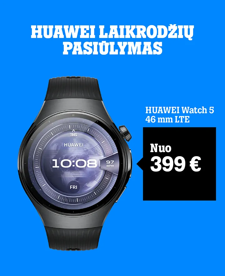 Huawei laikordžių pasiūlymas. Huawei Watch 5 46 mm LTE nuo 399 €.