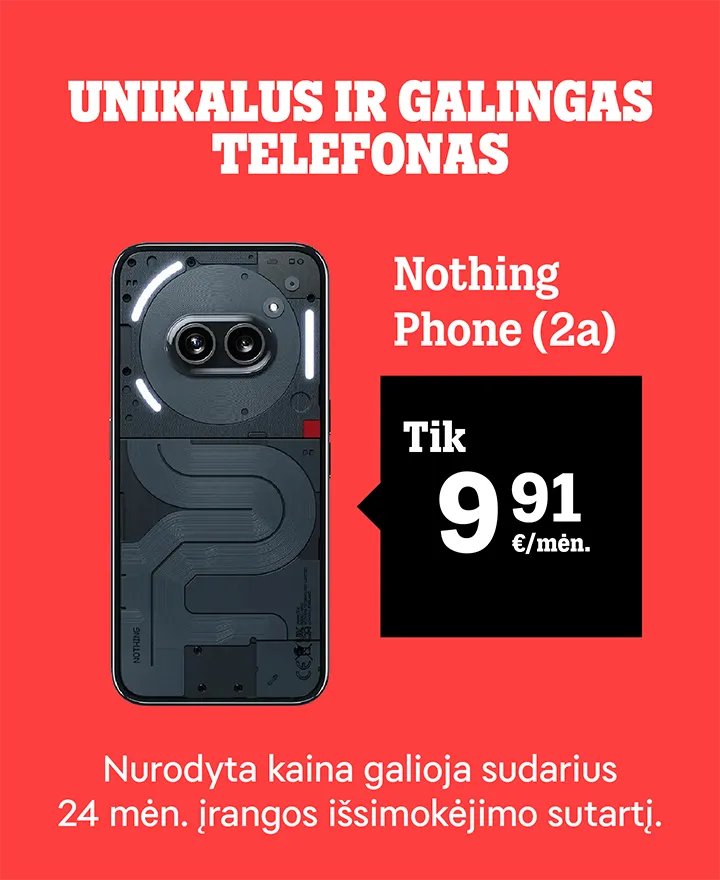 Unikalus ir galingas telefonas! Nothing Phone (2a) tik 9,91 €/mėn. Nurodyta kaina galioja sudarius 24 mėn. įrangos išsimokėjimo sutartį.