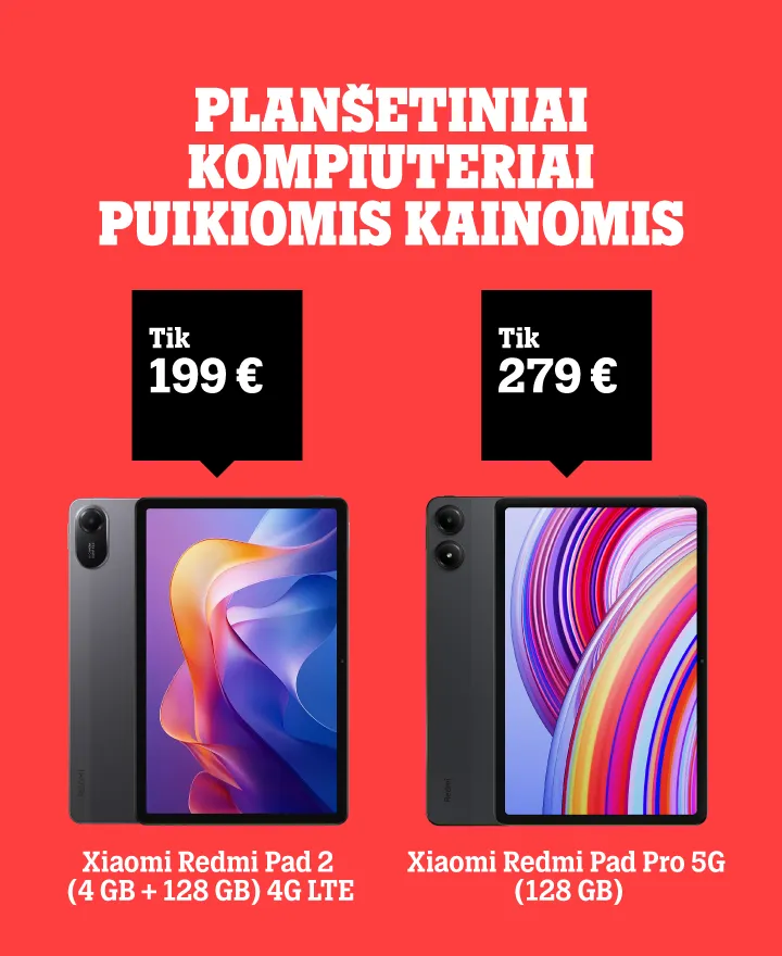 Planšetiniai kompiuteiai puikiomis kainomis. Xiaomi Redmi Pad 2 (4 GB + 128 GB) tik 199 €. Xiaomi Redmi Pad Pro (128 GB) tik 279 €.