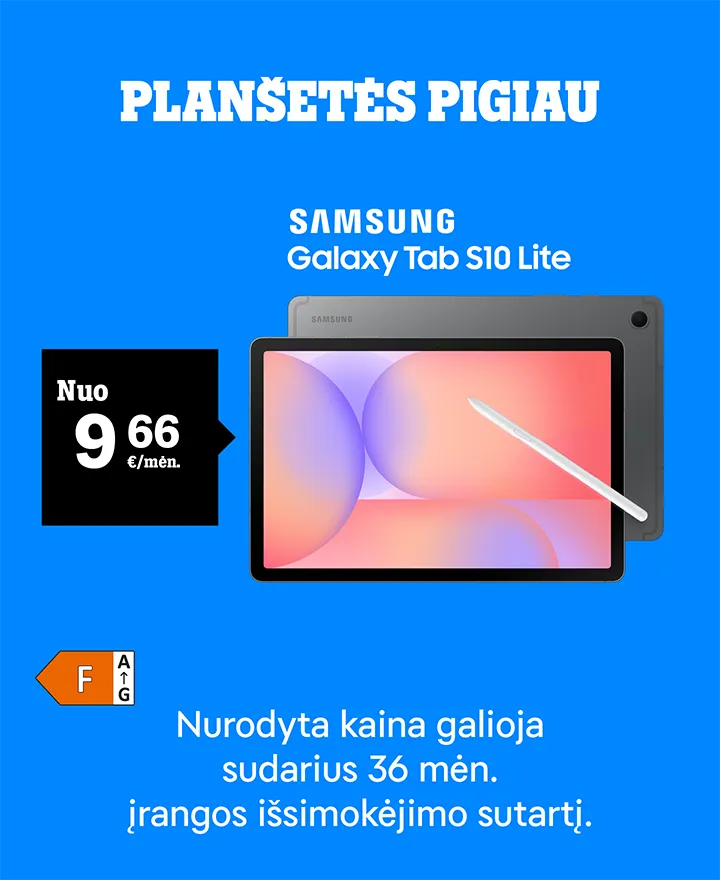 Planšetės pigiau Samsung Galaxy TAB S10 Lite nuo 9,66 €/mėn. Nurodyta kaina galioja sudarius 36 mėn. įrangos išsimokėjimo sutartį.