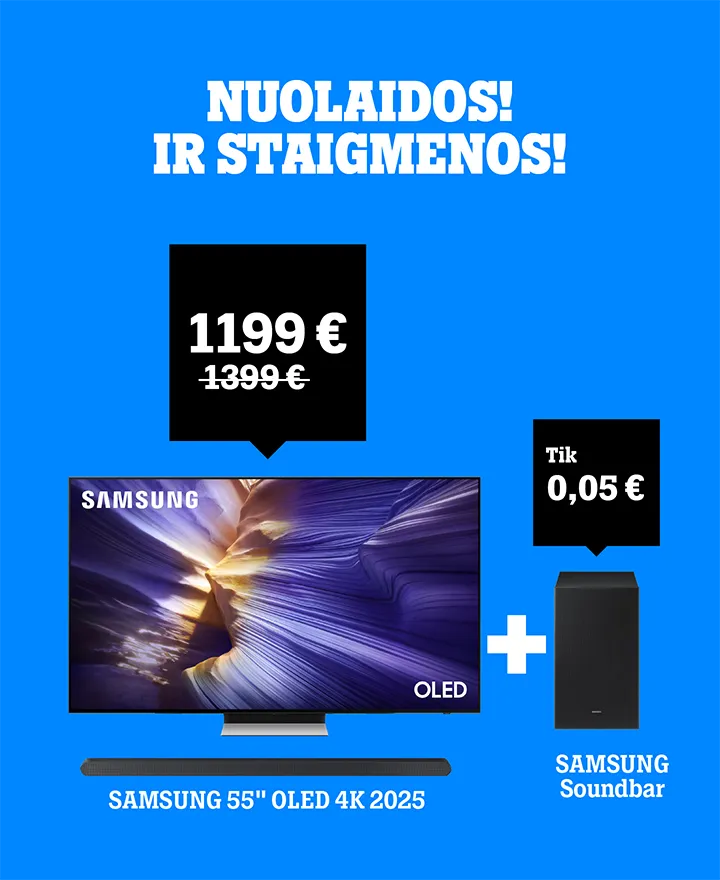 Nuolaidos ir staigmenos! Perkant televizorių Samsung 55" QLED 4K 2025 tik 1199 € , o kolonėlė Samsung Soudbar tik 0,05 €.