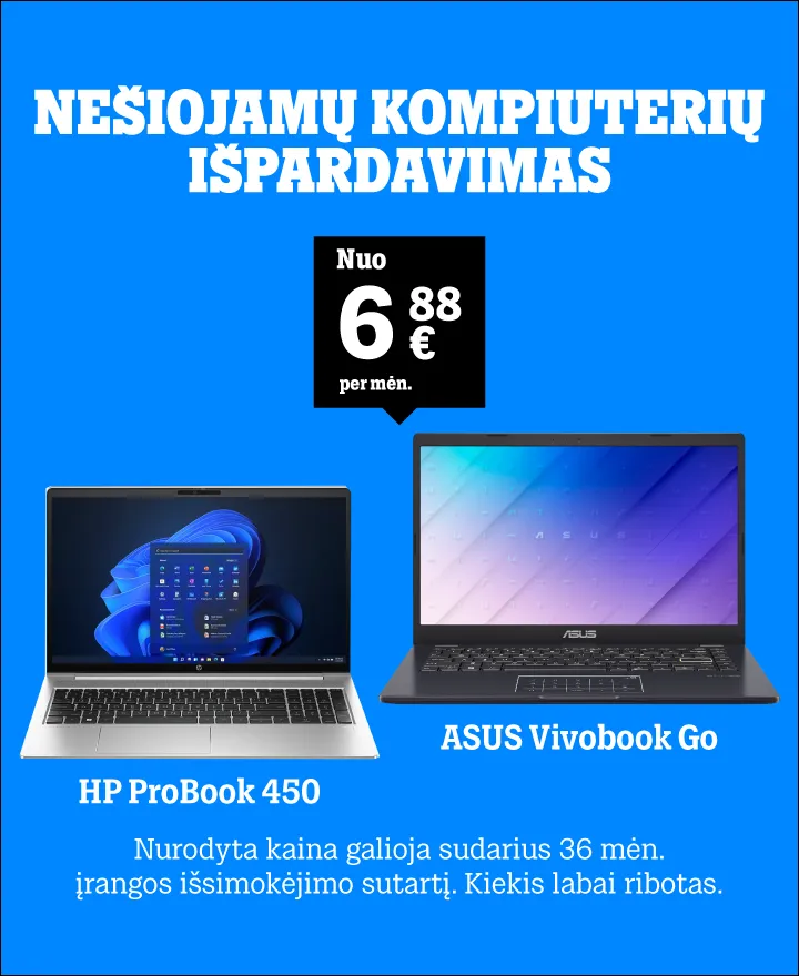 Nešiojamų kompiuterių išpardavimas nuo 6,88 eur/mėn. Nurodyta kaina galioja sudarius 36 mėn. įrangos išsimokėjimo sutartį.