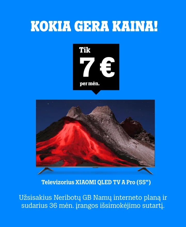 KOKIA GERA KAINA! Televizorius Xiaomi QLED TV A Pro (55") tik 7 €/mėn. Užsisakius Neribotų GB Namų interneto planą ir sudarius 36 mėn. įrangos išsimokėjimo sutartį.