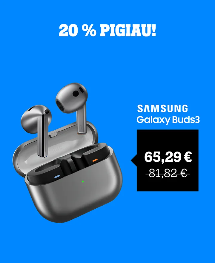 20 % pigiau! SAMSUNG Galaxy Buds3 tik 65,29 €.