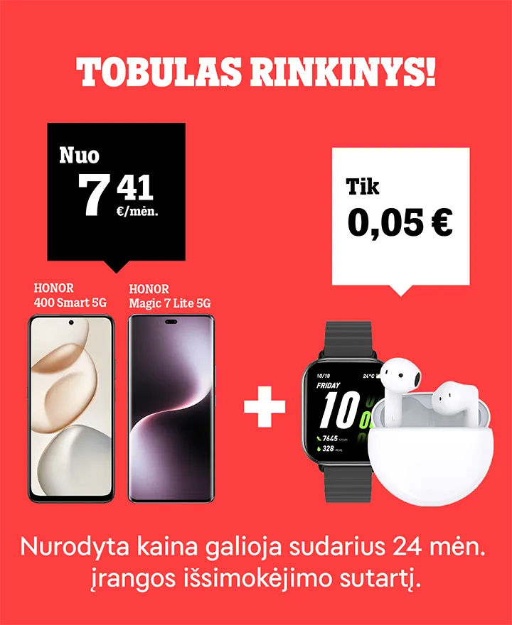 Tobulas rinkinys! Honor 400 Smart 5G ir Honor Magic 7 Lite 5G nuo 7,41 €/mėn., dovanos išmanioji apyrankė arba belaidės ausinės tik 0,05 €! Nurodyta kaina galioja sudarius 24 mėn. įrangos išsimokėjimo sutartį.
