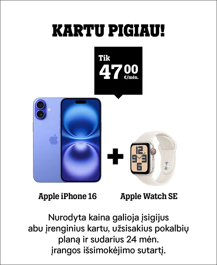 Kartu pigiau! Rinkinys Apple iPhone 16 (128 GB) ir laikrodis Apple Watch SE GPS + Cellular (44 mm) — 47 €/mėn. Nurodyta kaina galioja užsisakius abu įrenginius kartu, užsisakius pokalbbių planą ir sudarius 24 mėn. išsimokėjimo sutartį.
