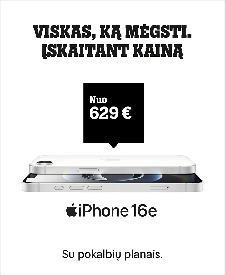 Viskas, ką mėgsti, Įskaitant kainą. iPhone 16e nuo 629 €. Su pokalbių planais.