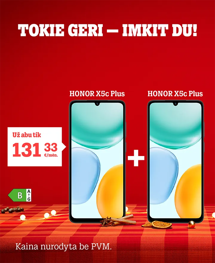 Tokie geri - imkit du. Už du Honor X5c Plus telefonus tik 133,33 €. Kaina nurodyta be PVM.