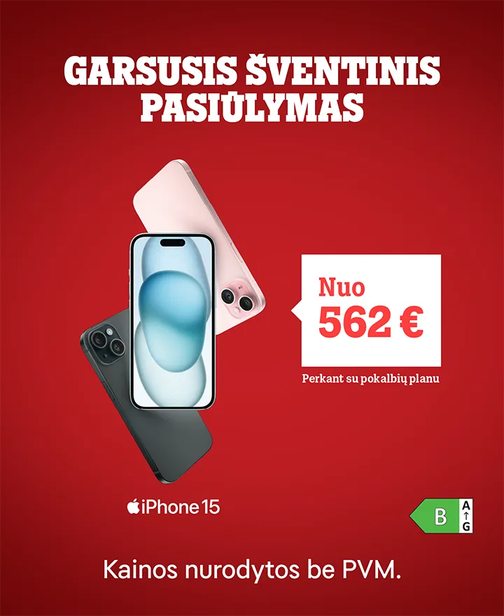  Garsusis šventinis pasiūlymas! iPhone 15 nuo 562 €. Kainos nurodytos be PVM.