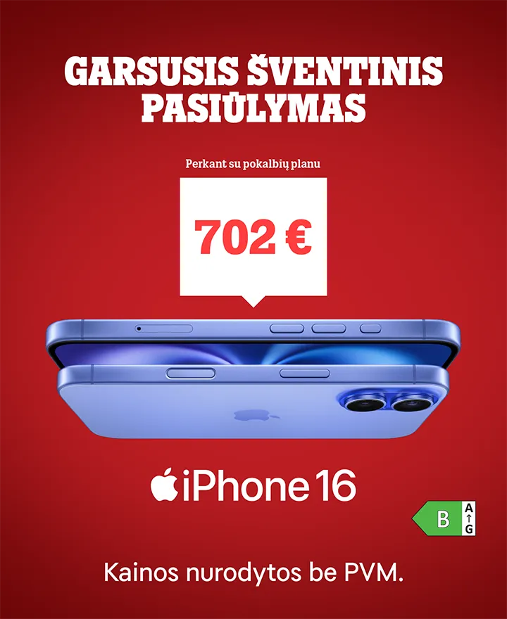 Garsusis šventinis pasiūlymas! iPhone 16 - 702 € perkant su pokalbių planu. Kainos nurodytos be PVM.