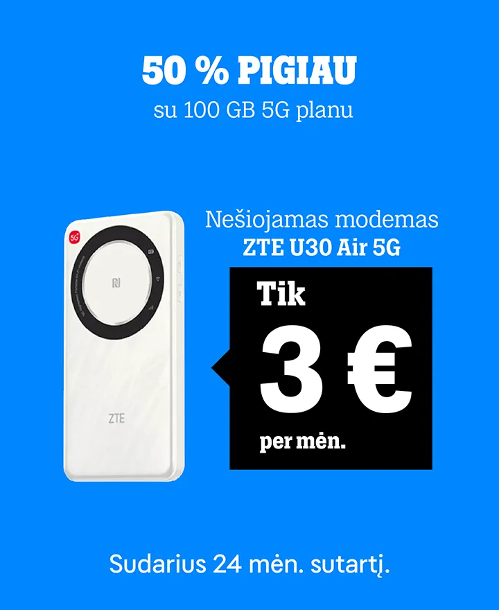 Nešiojamas modemas ZTE U30 Air 5G 50 % pigiau su 100 GB 5G planu. Tik 3 € per mėn. Sudarius 24 mėn. sutartį.