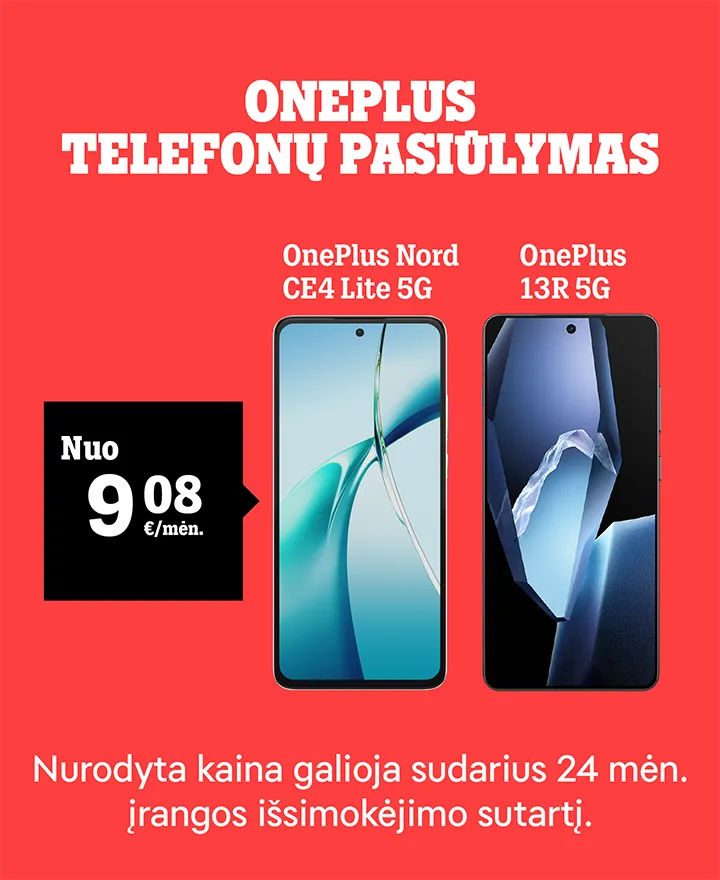 OnePlus telefonų pasiūlymas. OnePlus Nord CE4 Lite 5G nuo 9,08 €/mėn. Nurodyta kaina galioja sudarius 24 mėn. įrangos išsimokėjimo sutartį.