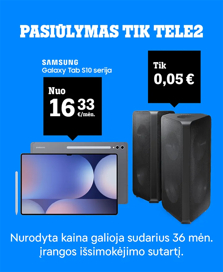 Pasiūlymas tik TELE2. Perkant SAMSUNG Galaxy Tab S10 serijos planšetinį kompiuterį nuo 16,33 €/mėn., belaidė kolonėlė Samsung Sound Towe tik 0,05 €. Nurodyta kaina galioja sudarius 36 mėn. įrangos išsimokėjimo mokestį.