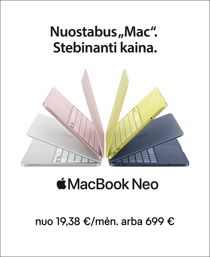 Nuostabus Mac. Stebinanti kaina. MacBook Neo nuo 19,38 €/mėn. arba 699 €