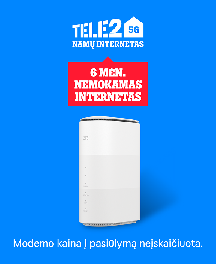 6 mėn TELE2 Namų internetas nemokamas. Modemo kaina į pasiūlymą neiskaičiuota.