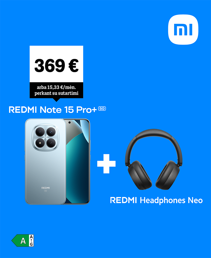 REDMI Note 15 Pro + 369 € arba 15,33 € /mėn. perkant su sutartimi. Redmi Heaphones Neo dovanų.