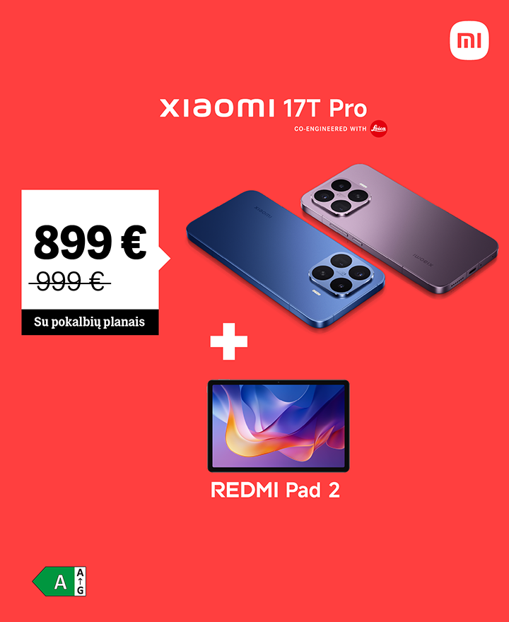 Xiaomi 17T Pro tik už 899 € su pokalbių planais.. Redmi Pad 2 Pro tik 0,05 €. Nurodyta kaina galioja Išsimokėtinai arba mokant visą sumą iš karto.