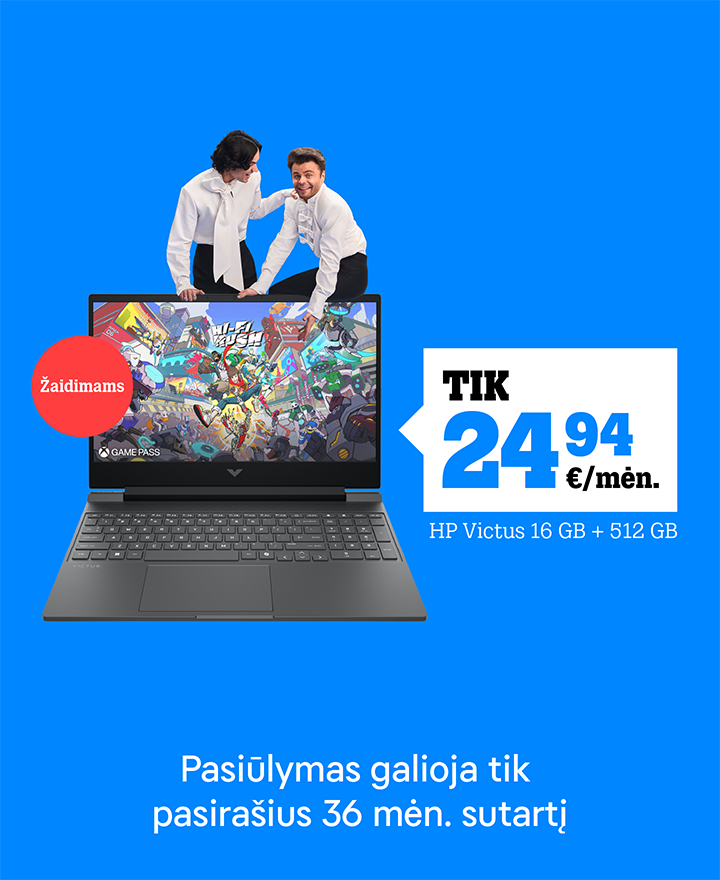 HP Victus tik 24,94 € / mėn. Pasiūlymas galioja pasirašius 36 mėn. sutartį. 