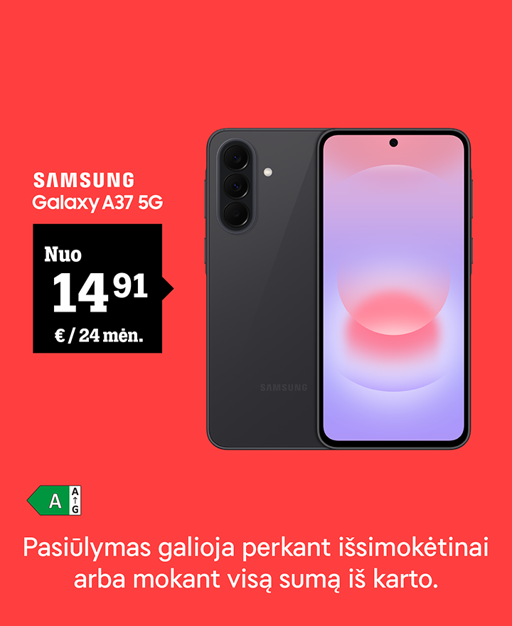 Samsung Galaxy A37 nuo 14,91 € / 24 mėn. Pasiūlymas galioja perkant išsimokėtinai arba mokant visą sumą iš karto.