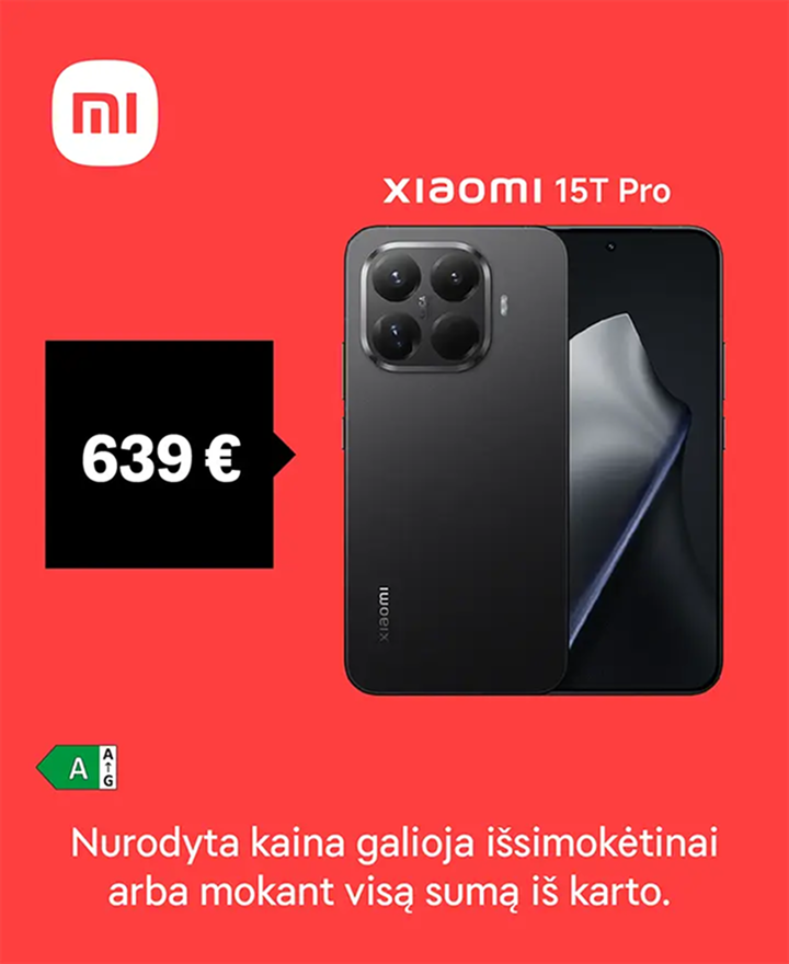 Xiaomi 15T Pto tik 639 €. Nurodyta kaina galioja išsimokėtinai arba mokant visą sumą iš karto.