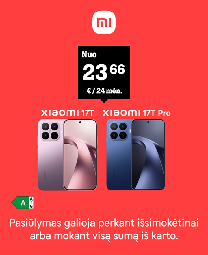 Xiaomi 17T Pro nuo 23,66 € / 24 mėn. Nurodyta kaina galioja perkant Išsimokėtinai arba mokant visą sumą iš karto.