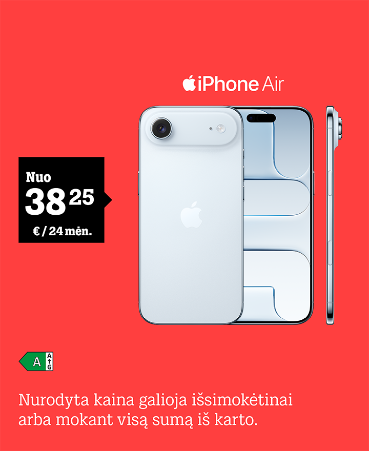 iPhone Air nuo 38,25 € / 24 mėn. Nurodyta kaina galioja išsimokėtinai arba mokant visą sumą iš karto.