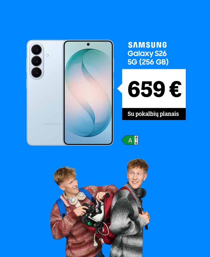 Samsung Galaxy S26 už 659 €.  Pasiūlymas galioja su pokalbių planais.