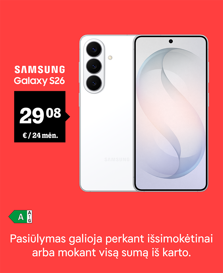 Samsung Galaxy S26 už 29,08 € / 24 mėn. Pasiūlymas galioja su pokalbių planais.