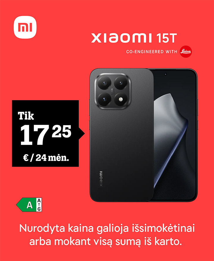 Xiaomi 15T tik 17,25 € / 24 mėn. Nurodyta kaina galioja išsimokėtinai arba mokant visą sumą iš karto.