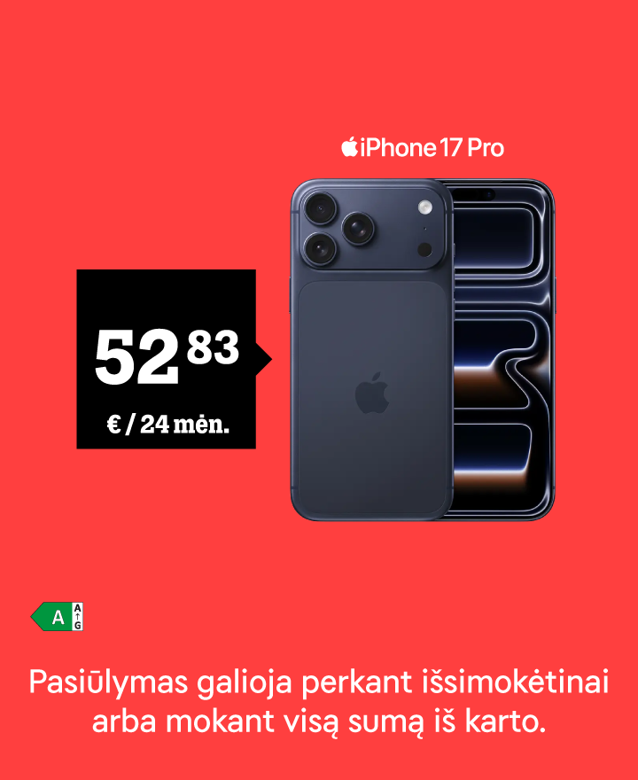 iPhone 17 Pro Air nuo 52,83 € / 24 mėn. Nurodyta kaina galioja išsimokėtinai arba mokant visą sumą iš karto.