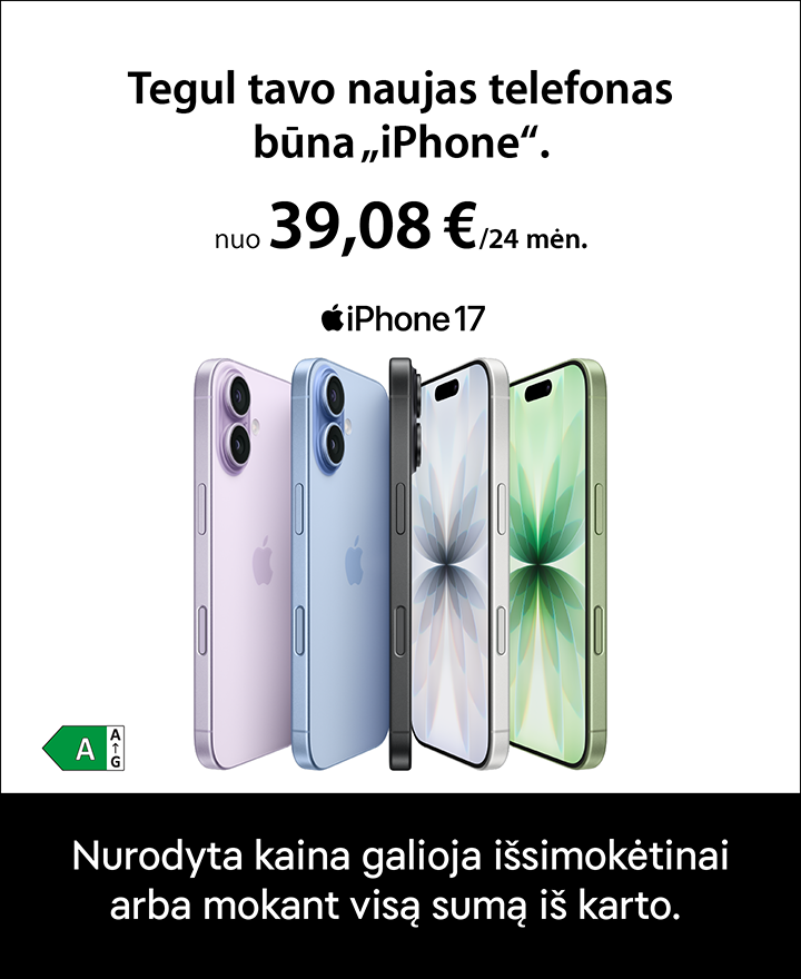 Tegul tavo naujas telefonas buna „iPhone". iPhone 17 nuo 39,08 €/24 mėn. Nurodyta kaina galioja išsimokėtinai arba mokant visą sumą iš karto.