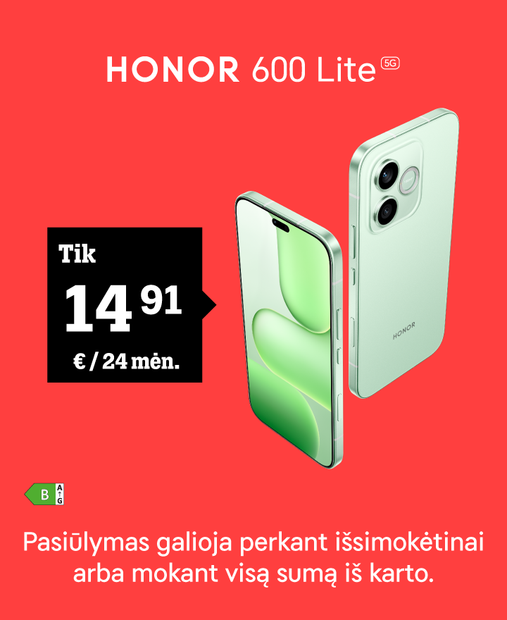 Honor 600 lite už 14,91 €/ 24mėn. Pasiūlymas galioja išsimokėtinai arba mokant visą sumą iš karto.