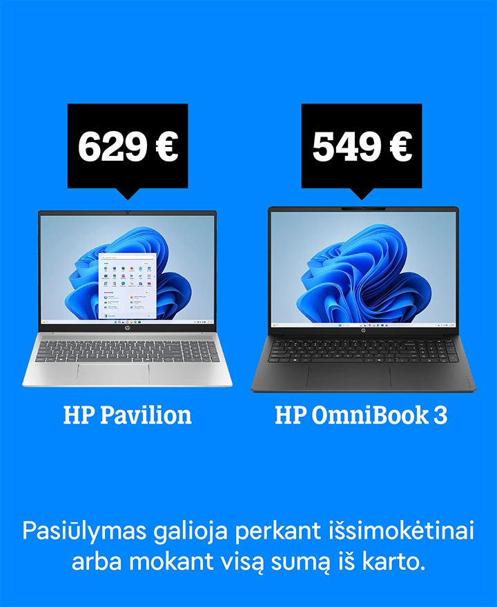 HP Pavilion už 629 €. HP OmniBook už 549 €. Pasiūlymas galioja išsimokėtinai arba mokant visą sumą iš karto.