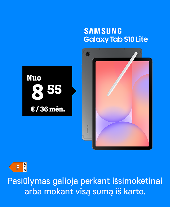 SAMSUNG Galaxy Tab S10 Lite nuo 8,55 € / 24 mėn. Nurodyta kaina galioja išsimokėtinai arba mokant visą sumą iš karto.