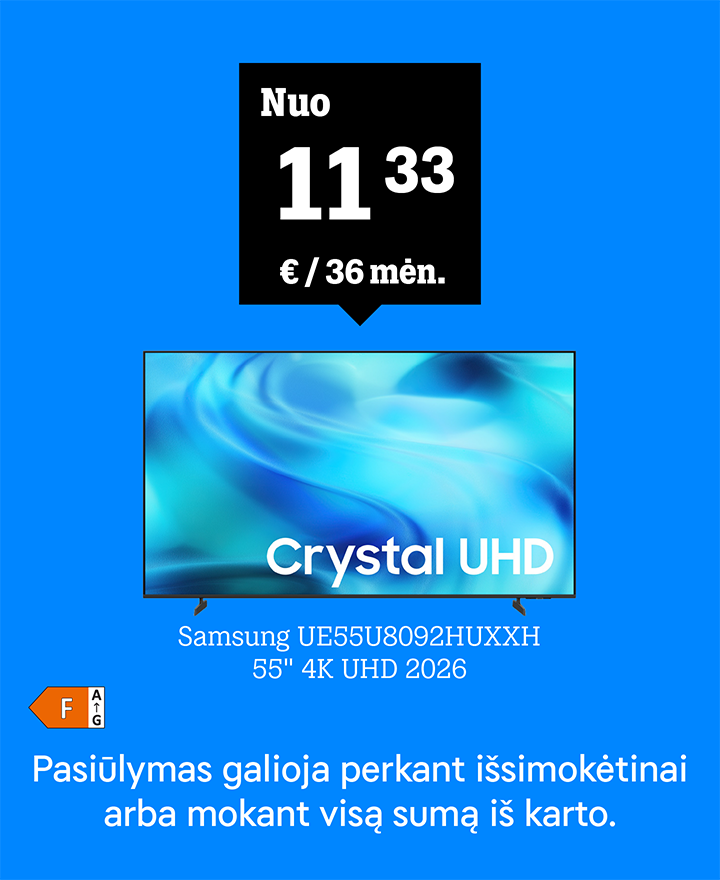 Samsung Crystal UHD Vision Al Smart TV 55" (2026) nuo 11,33 € / 36 mėn. Pasiūlymas galioja perkant išsimokėtinai arba mokant visą sumą iš karto. Kolonėlė kainuos 0,05 € ir bus pridėta automatiškai.
