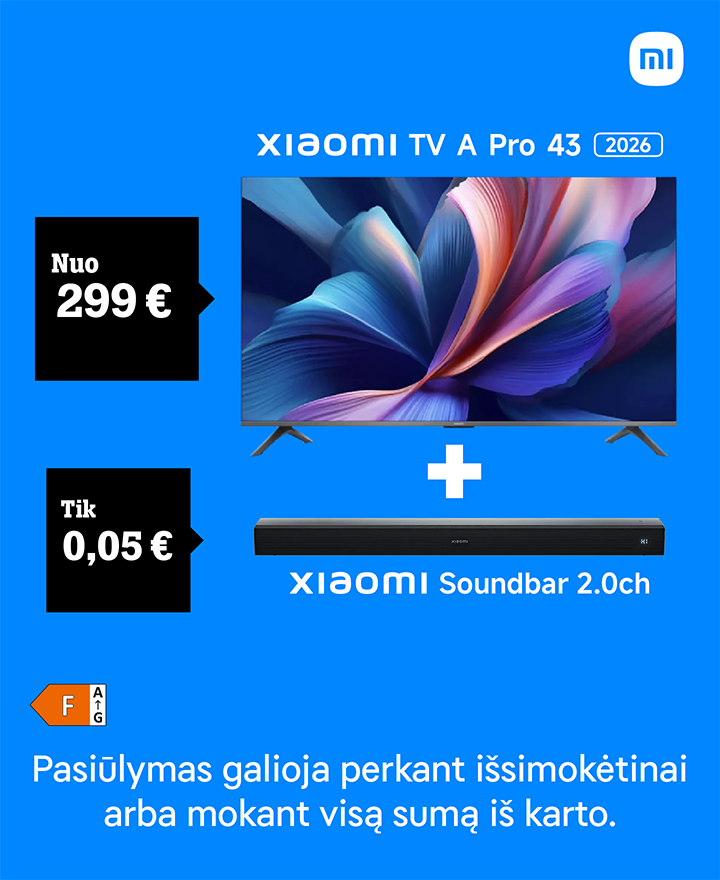Televizorius Xiaomi TV A Pro nuo 299 €. Xiaomi Soundbar tik 0,05 €. Pasiūlymas galioja perkant išsimokėtinai arba mokant visą sumą iš karto. Kolonėlė kainuos 0,05 € ir bus pridėta automatiškai.