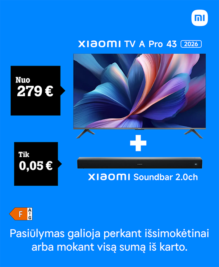 Televizorius Xiaomi TV A Pro nuo 279 €. Pasiūlymas galioja perkant išsimokėtinai arba mokant visą sumą iš karto. Kolonėlė Xiaomi Soundbar kainuos 0,05 € ir bus pridėta automatiškai.