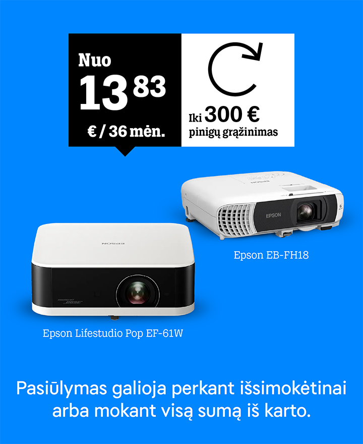 Projektoriai Epson nuo 13,83 € / mėn. Iki 300 € pinigų grąžinimas. Pasiūlymas galioja išsimokėtinai arba mokant visą sumą iš karto.