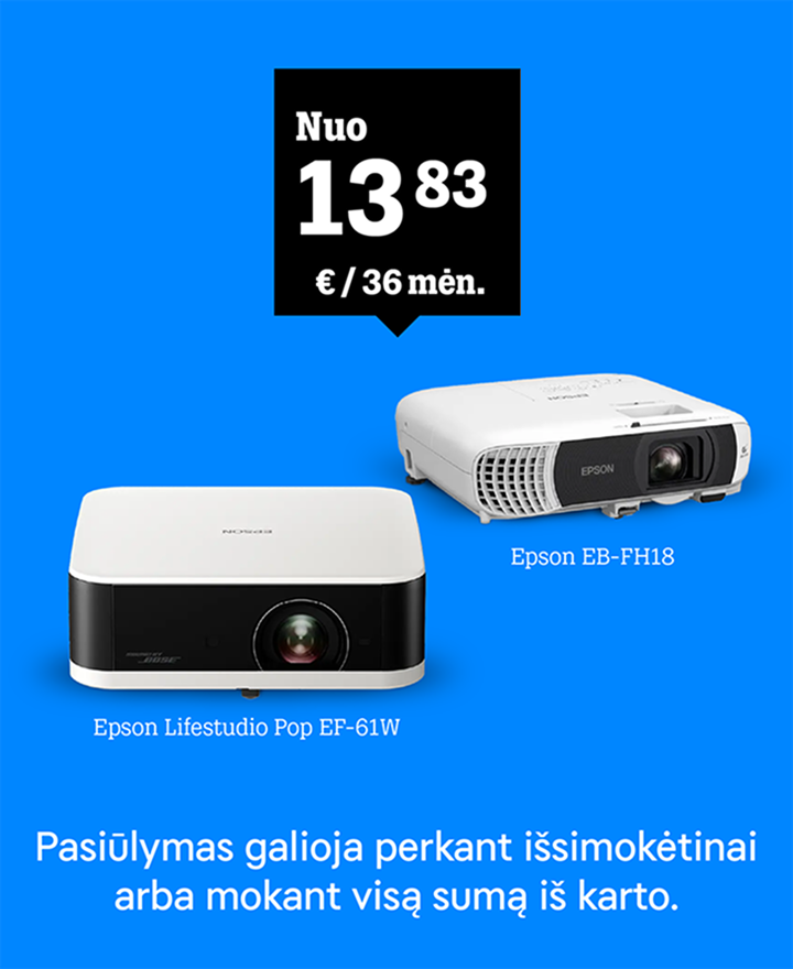 Projektoriai Epson nuo 13,83 € / mėn. Pasiūlymas galioja išsimokėtinai arba mokant visą sumą iš karto.