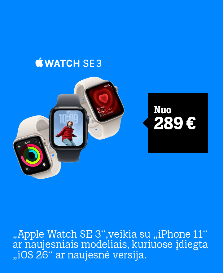 Apple Watch SE 3 nuo 289 €. „Apple Watch SE 3" veikia su „iPhone 11" ar naujesniais modeliais, kuriuose įdiegta „iOS 26" ar naujesnė versija.