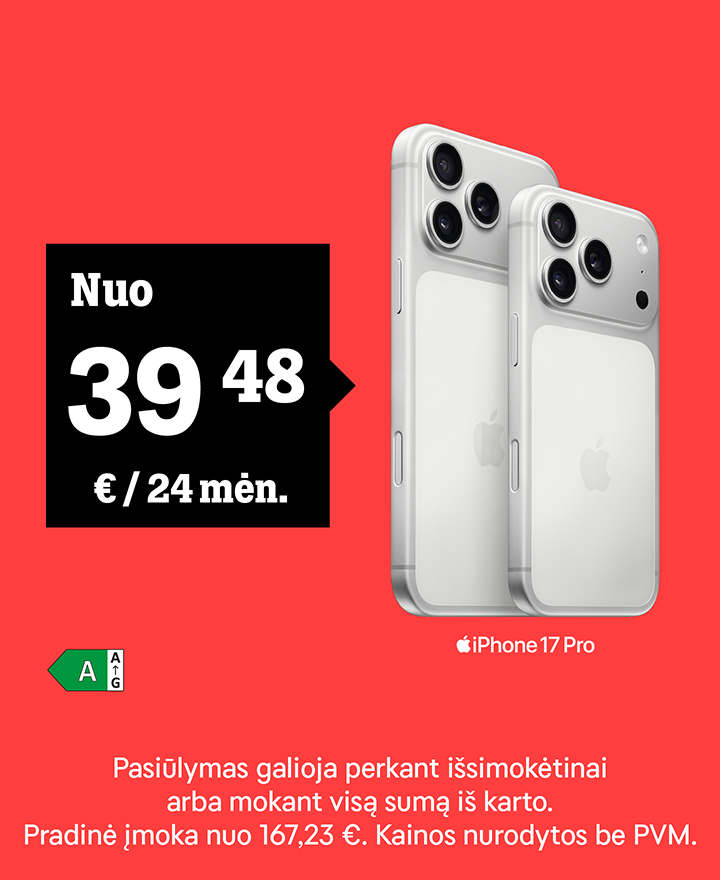 iPhone 17e nuo 39,48 €/24mėn. Pasiūlymas galioja perkant Išsimokėtinai arba mokant visą sumą iš karto. Pradinė įmoka 167,23 €. Kainos nurodytos be PVM.